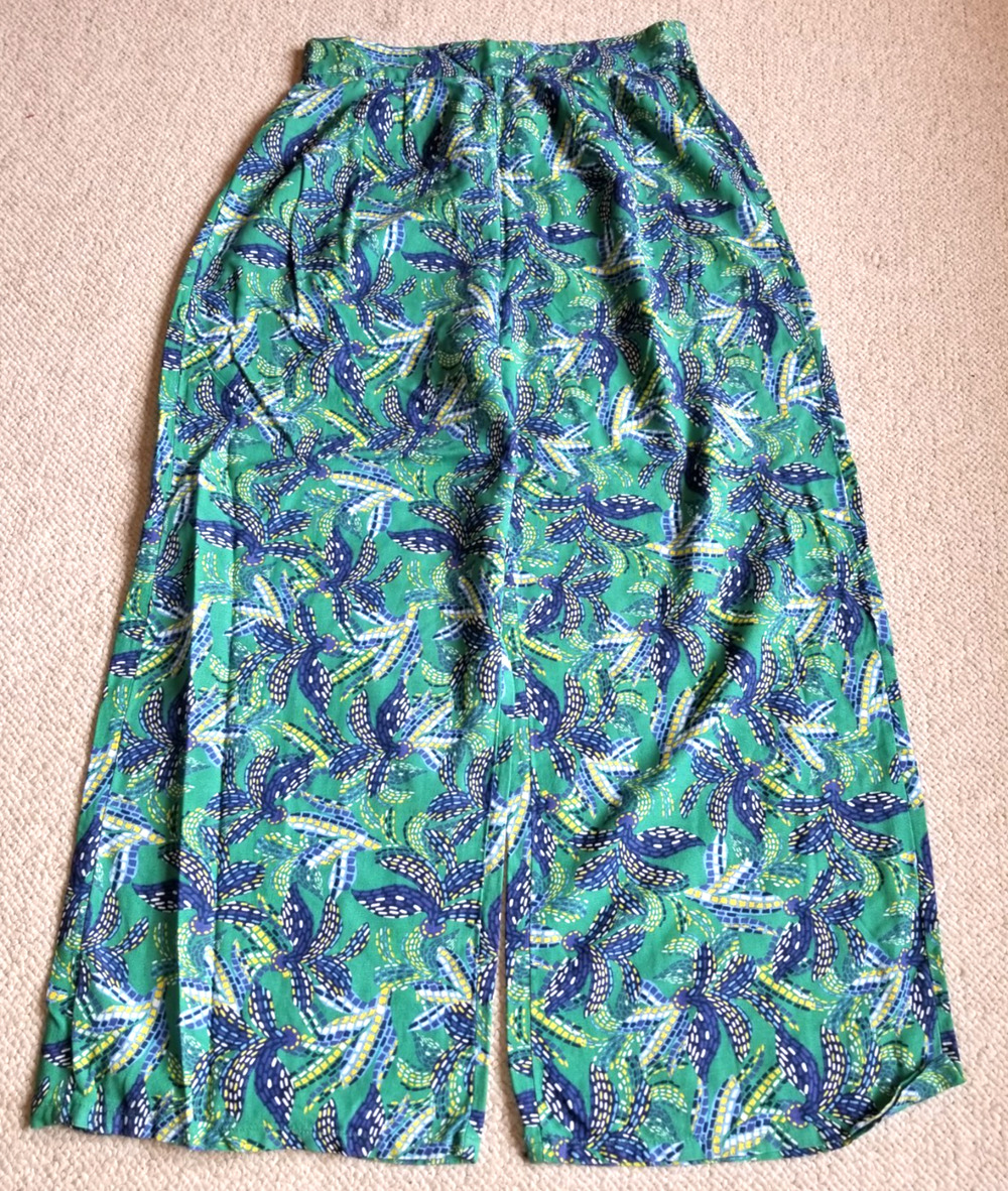 Womens Pants-MIDNIGHT SKY-green/blue linen pull-on wide leg Coastal Beach Arty-L